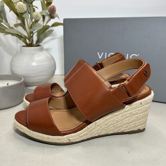Vionic Tulum Brooke Leather Wedge Espadrille Sandals Cognac Women's US 8 NWB - Picture 4 of 11